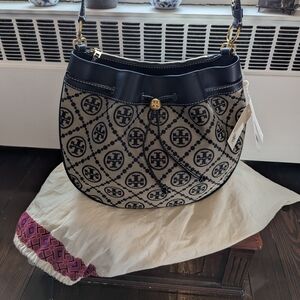 Tory Burch Navy Monogram Drawstring Hobo Bag NWT!